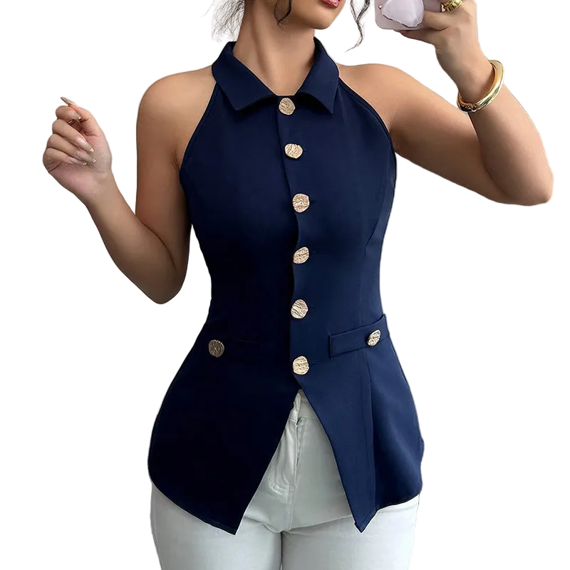 Women's elegant solid sleeveless vest by mjlovers, shown in a sleek design with a smooth fabric finish.
