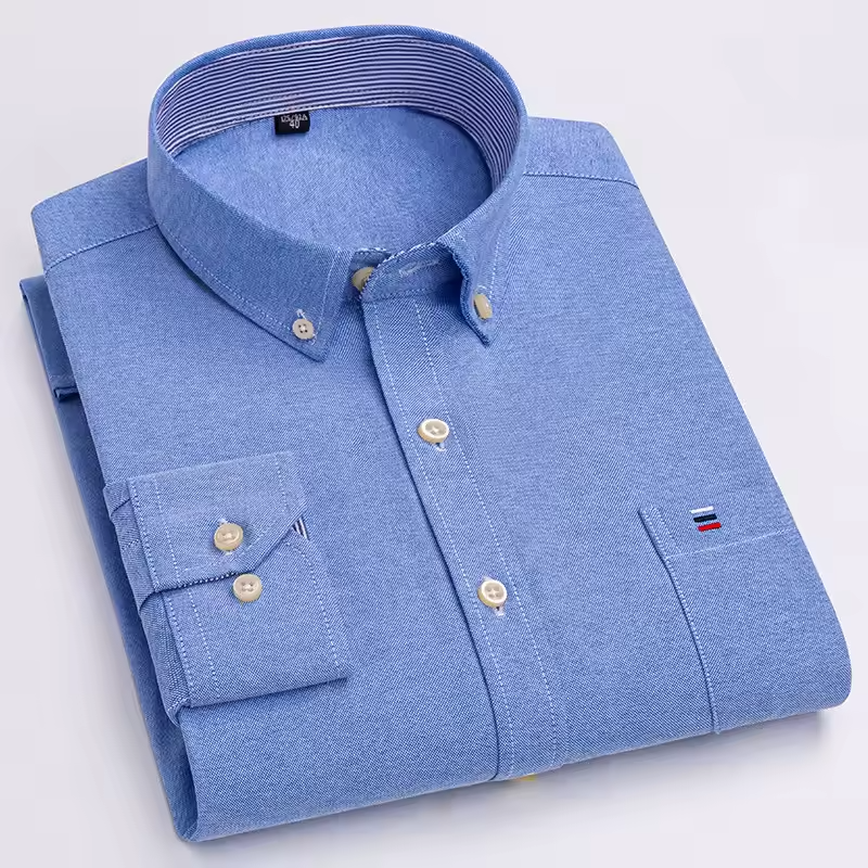 Mjlovers cotton button-down dress shirt in light blue, featuring a classic collar and button-front design, displayed on a hanger.