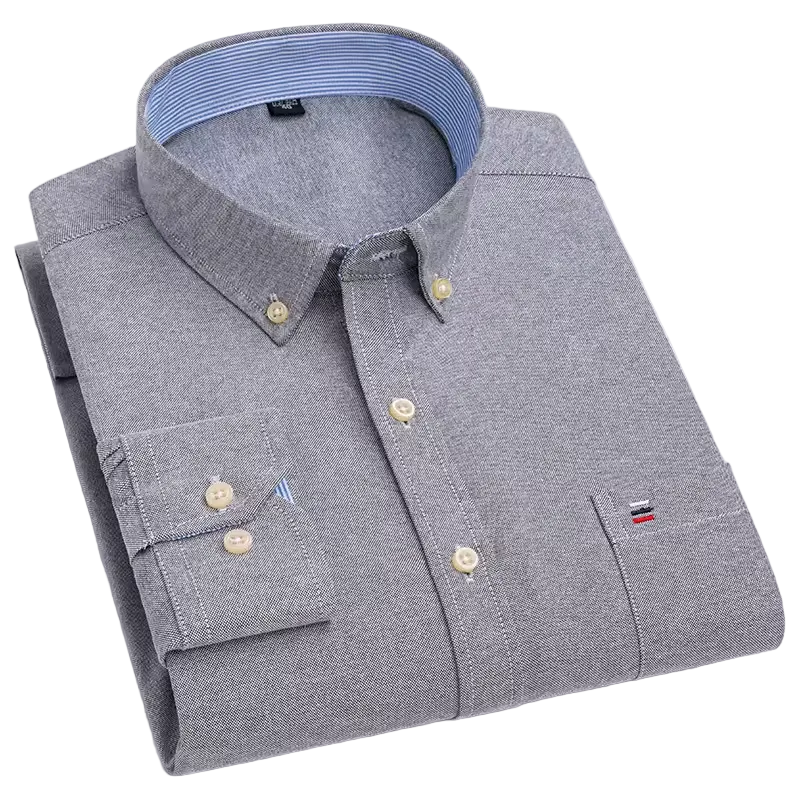 Light blue cotton button-down dress shirt by mjlovers, neatly folded with visible collar and button details.