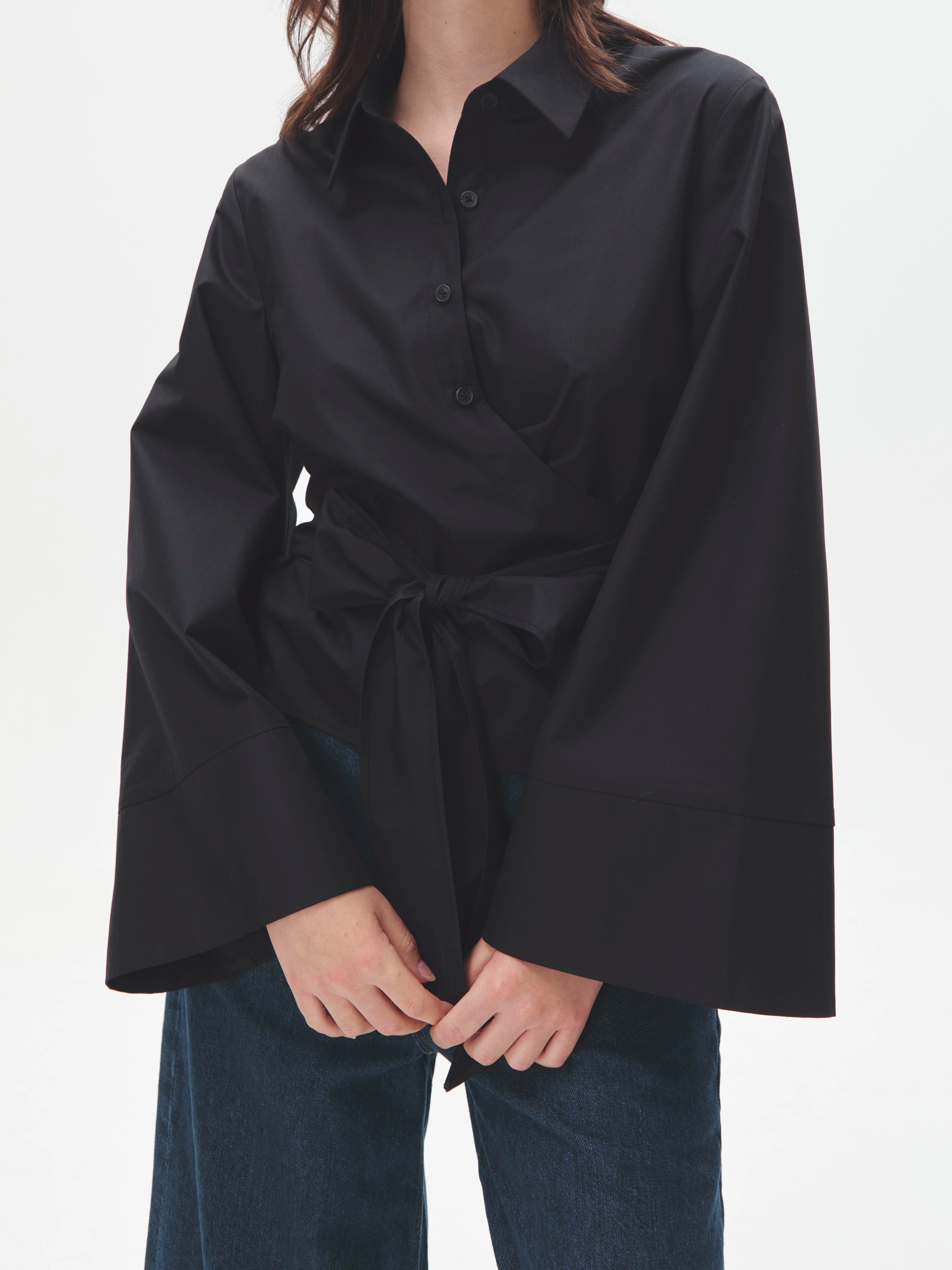 Mjlovers kimono wrap blouse in soft fabric, featuring a relaxed fit and elegant tie front, ideal for stylish casual wear.
