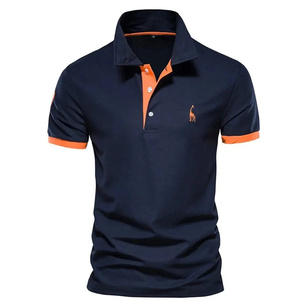 Men's polo shirt by mjlovers, featuring a classic fit and collar, displayed on a hanger with a neutral background.