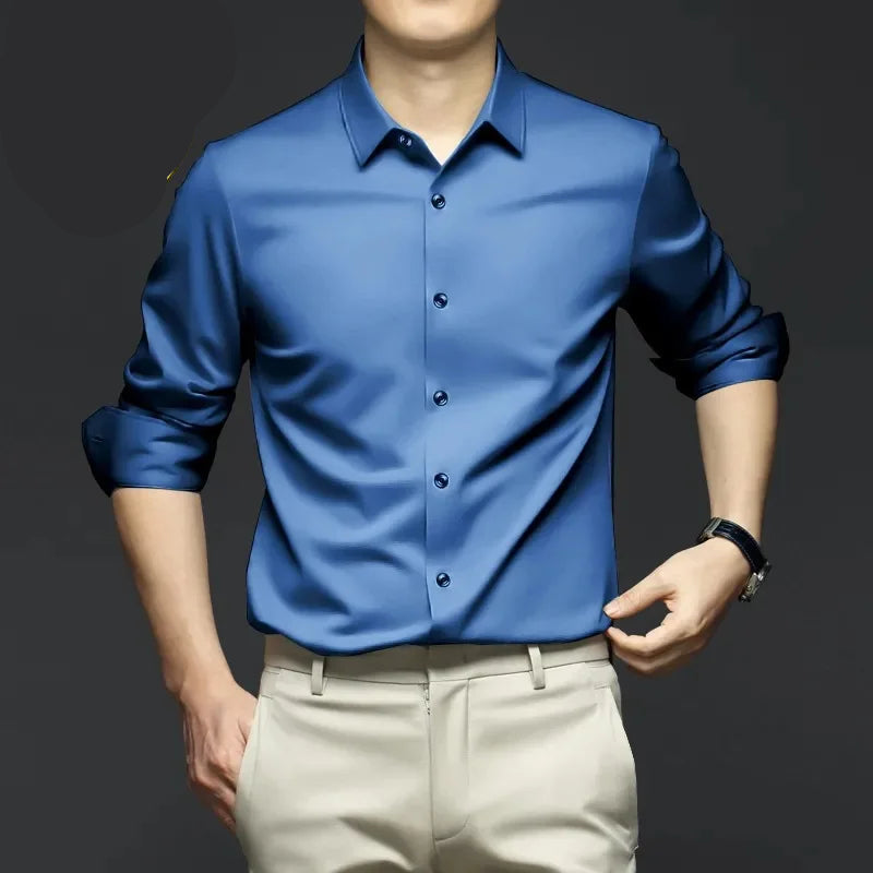 Men's wrinkle-resistant dress shirt by mjlovers, blue fabric with a classic collar and button-down front.