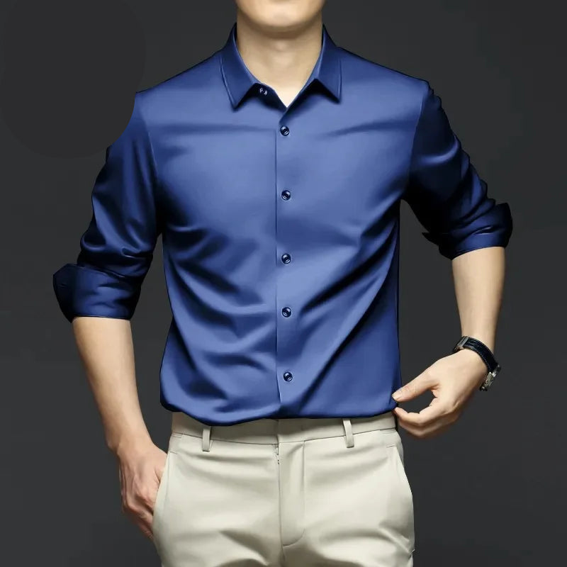 MJLovers men's wrinkle-resistant dress shirt in light blue, showcasing a classic collar and button-down front.