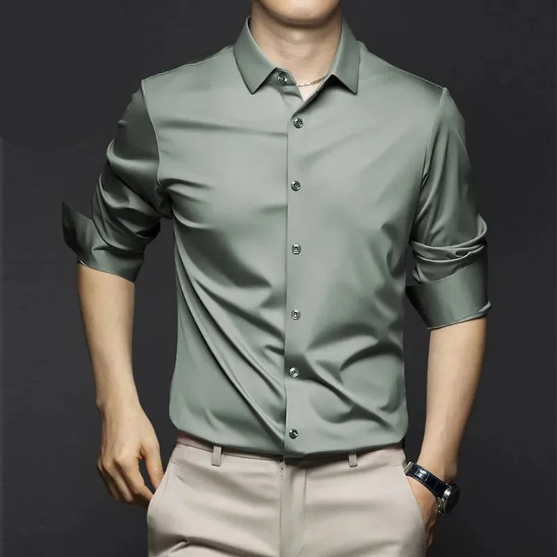 Men's wrinkle-resistant dress shirt by mjlovers, shown in a classic fit with a pointed collar and long sleeves.