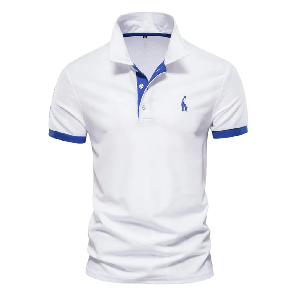 Men's polo shirt by mjlovers featuring a classic fit, collar, and short sleeves, displayed on a hanger against a neutral background.