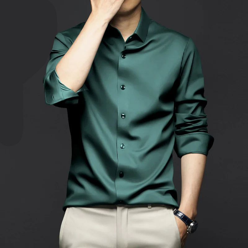 Men's wrinkle-resistant dress shirt by mjlovers, shown in a classic fit with a button-down collar and long sleeves.
