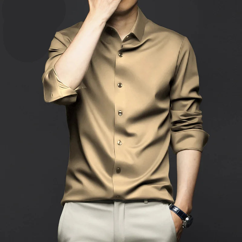 Men's wrinkle-resistant dress shirt by mjlovers, shown in a classic fit with a crisp collar and long sleeves, ideal for formal wear.