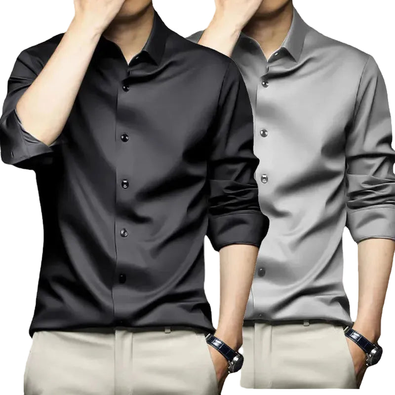 Men's wrinkle-resistant dress shirt by mjlovers, featuring a classic collar and long sleeves, made from smooth, durable fabric.