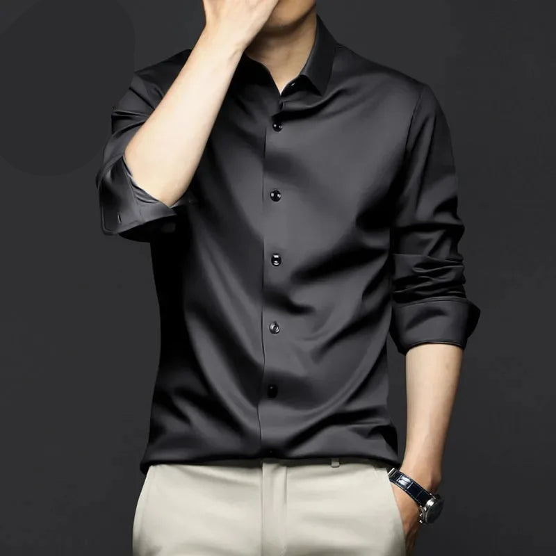 Men's wrinkle-resistant dress shirt by mjlovers, featuring a classic collar and long sleeves, perfect for professional or formal wear.