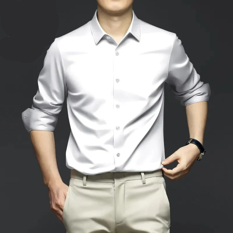 Men's wrinkle-resistant dress shirt by mjlovers, shown in classic style, with a crisp collar and long sleeves.