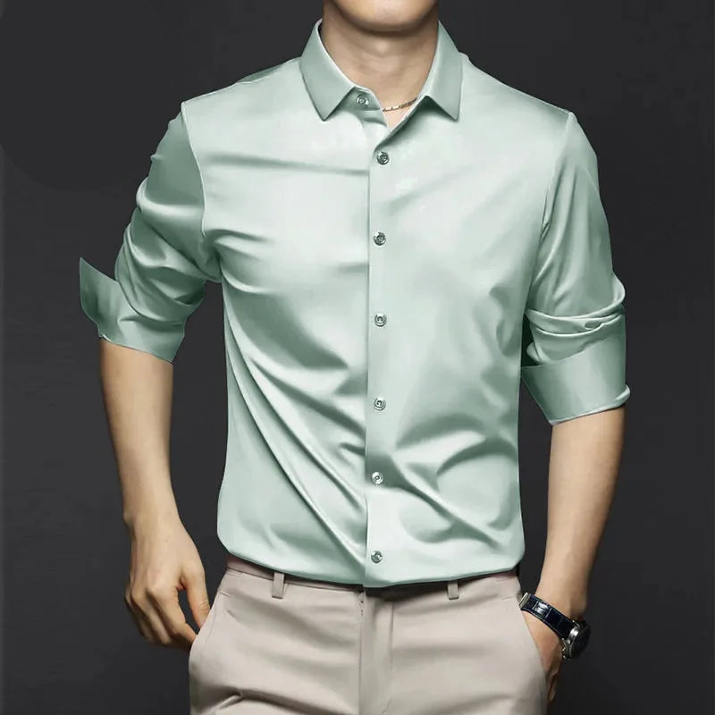 Men's wrinkle-resistant dress shirt by mjlovers, shown in a classic fit with a button-down collar and long sleeves.