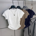 Mjlovers short sleeve round neck T-shirt, casual fit, soft fabric, in a solid color, displayed on a hanger.