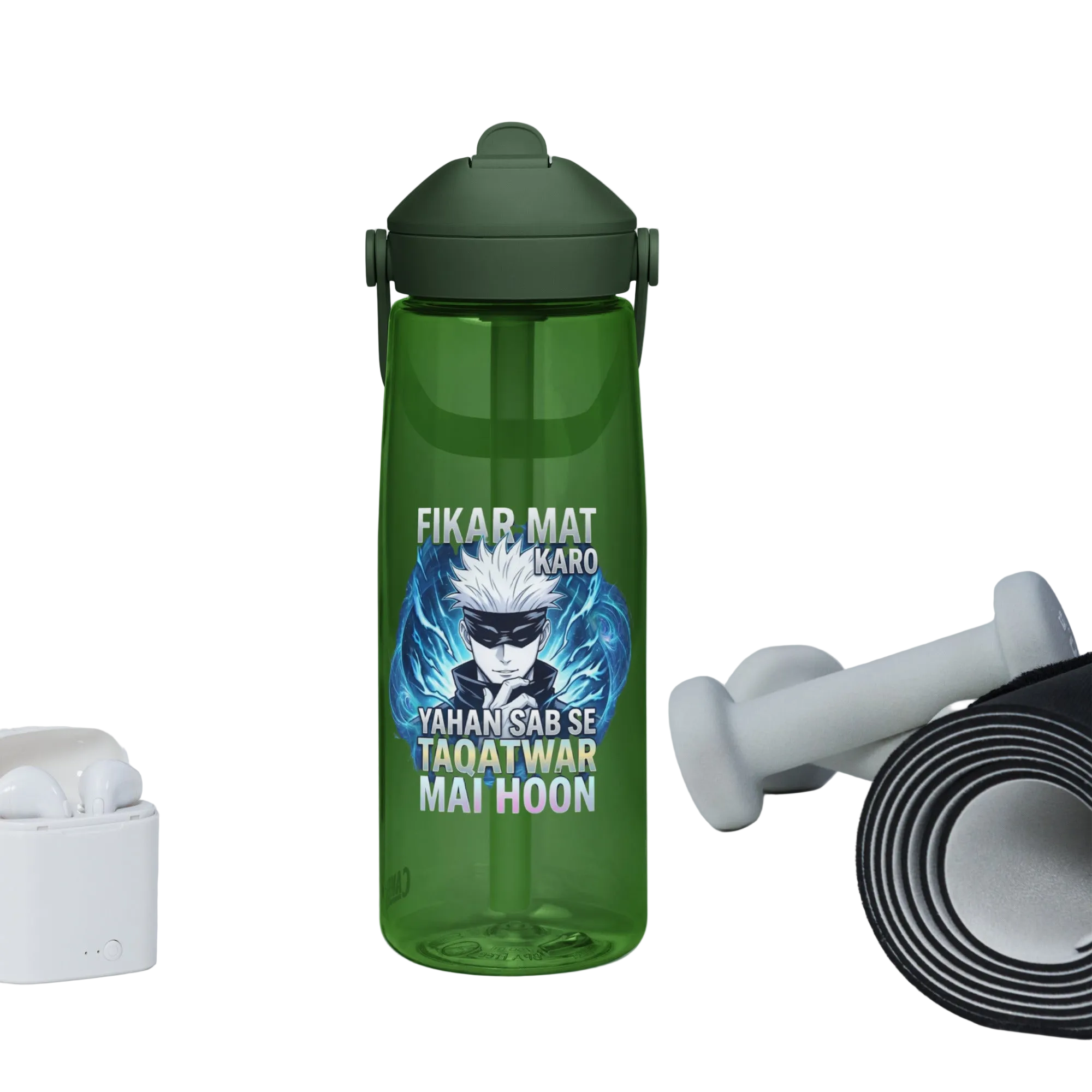 Forest green Gojo Satoru premium printed flip-straw water bottle by mjlovers, shown from the left side with flip straw open.