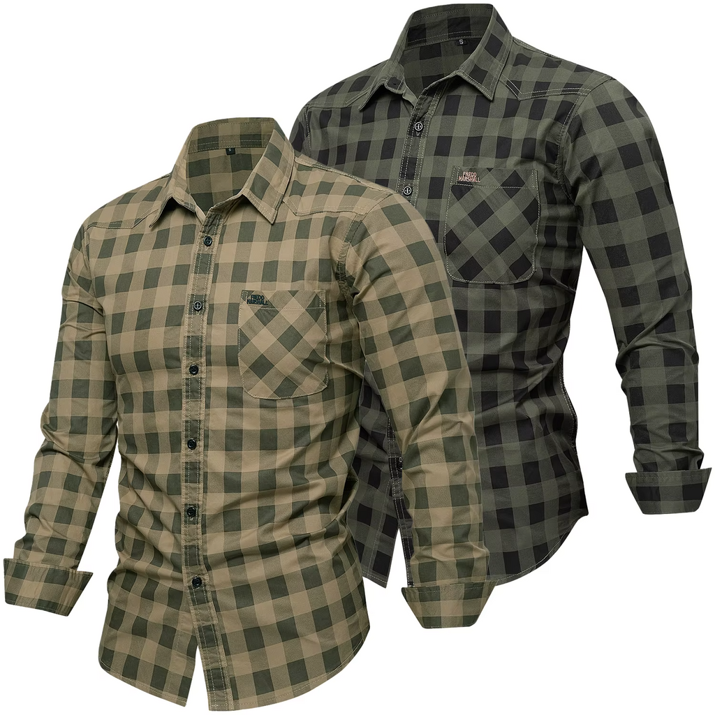 Men's long sleeve checked shirt by mjlovers, featuring a classic plaid pattern in various colors, button-down front, and collar.