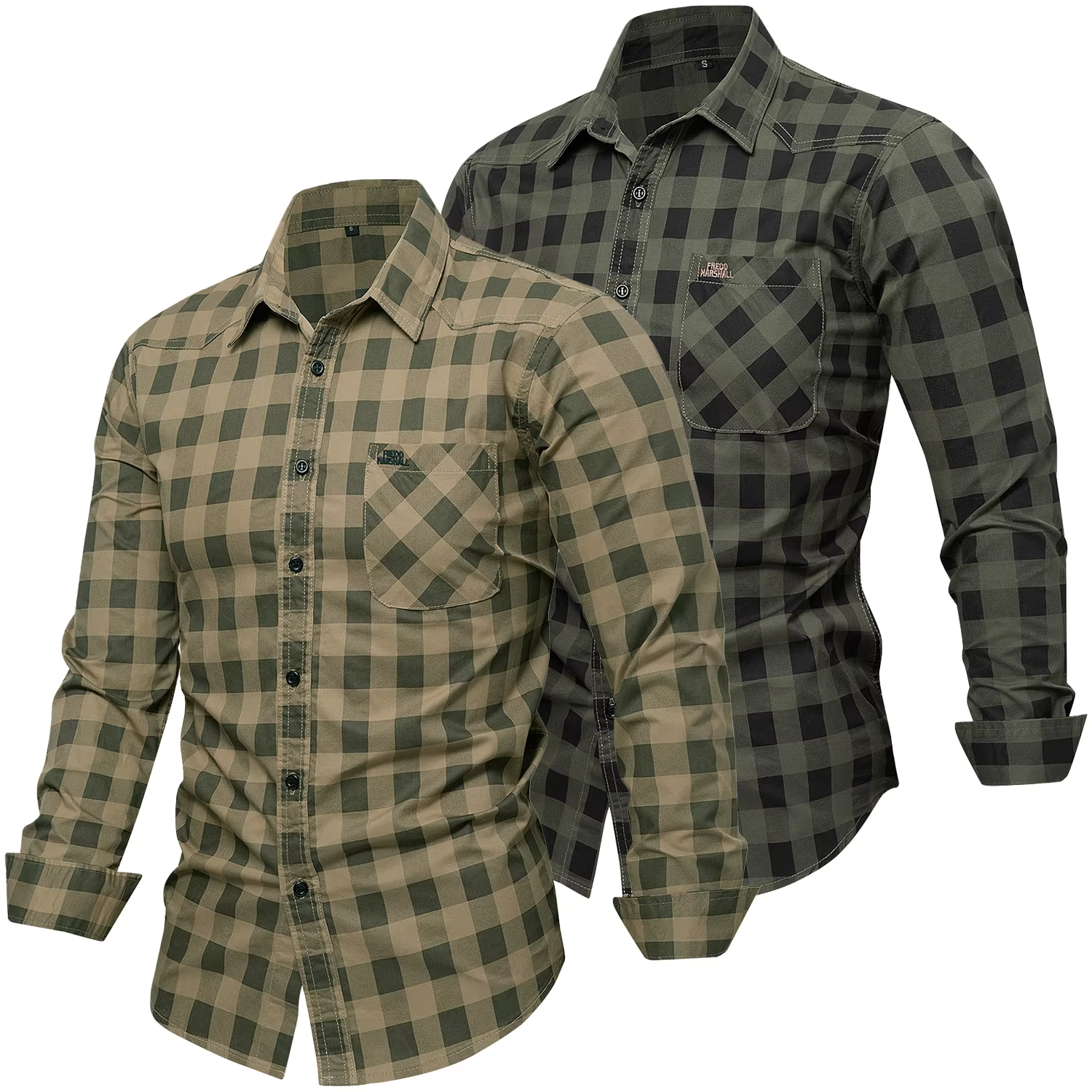 Men's long sleeve checked shirt by mjlovers, featuring a classic plaid pattern in various colors, button-down front, and collar.