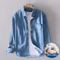 Men's premium denim button-down shirt by mjlovers, featuring classic blue denim fabric and a tailored fit.