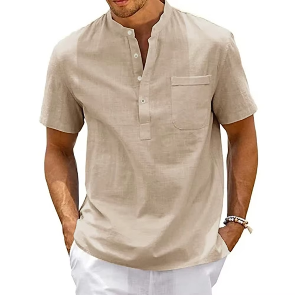 Men's pure linen shirt by mjlovers, light and breathable fabric, shown in a relaxed fit with a collar and button-down front.