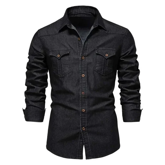 Men's cotton denim shirt by mjlovers, featuring classic button-down style and durable denim fabric, shown on a hanger.