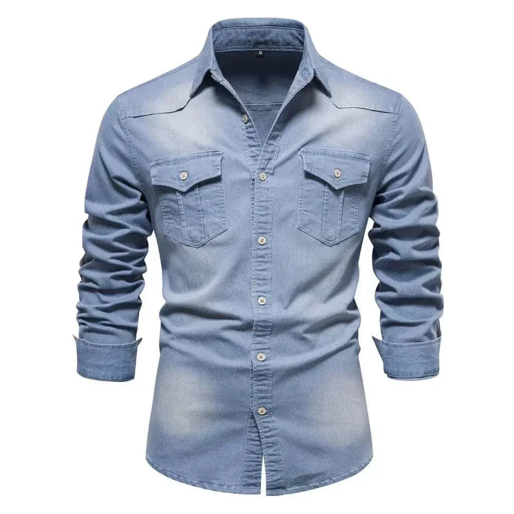 Men's cotton denim shirt by mjlovers, shown in a classic blue denim fabric with button-front and collar details.
