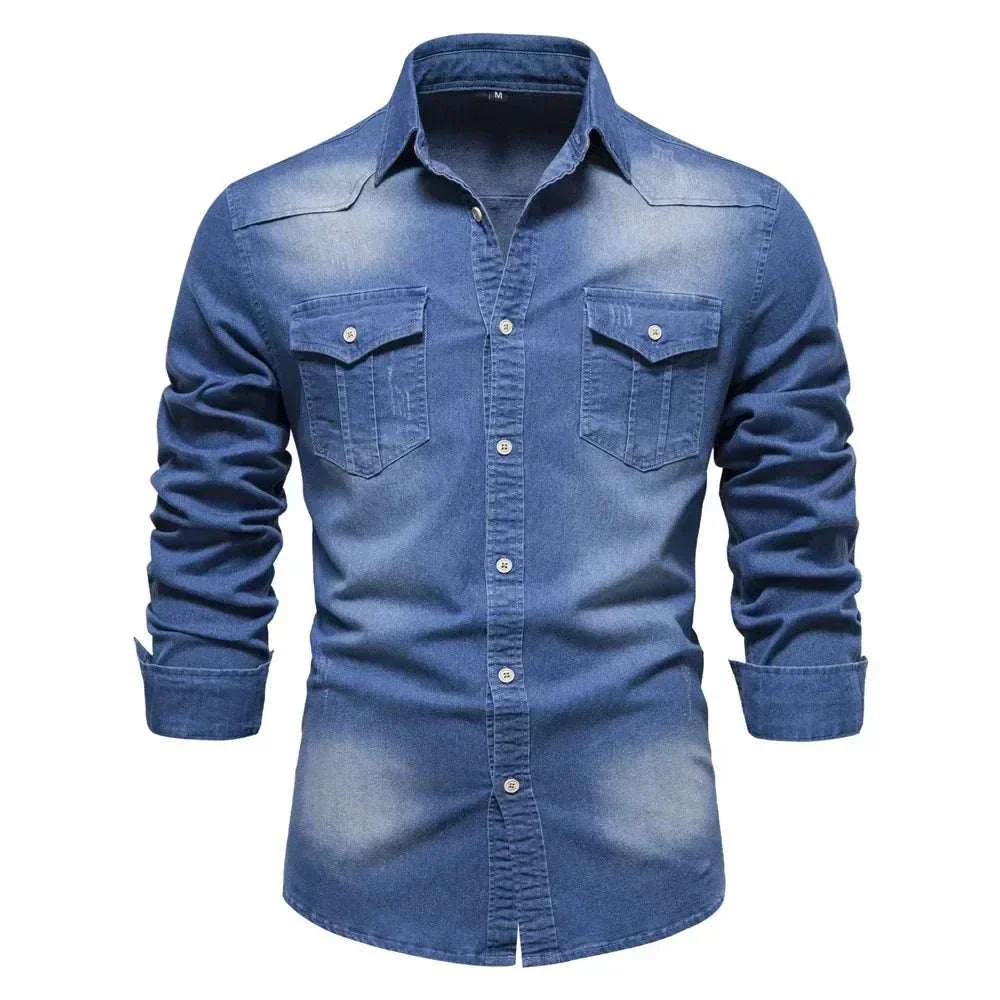 Men's cotton denim shirt by mjlovers, featuring a classic blue denim design with button-up front and long sleeves.