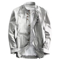 Japan style men's linen shirt by mjlovers, light and breathable fabric, displayed on a hanger with a casual fit and natural color.