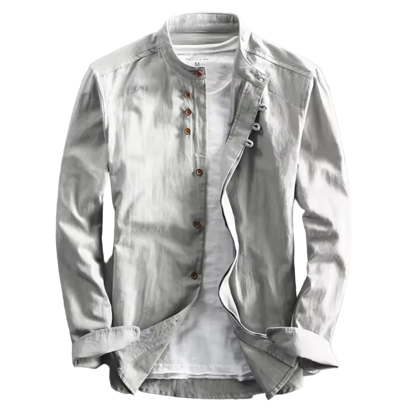 Japan style men's linen shirt by mjlovers, light and breathable fabric, displayed on a hanger with a casual fit and natural color.