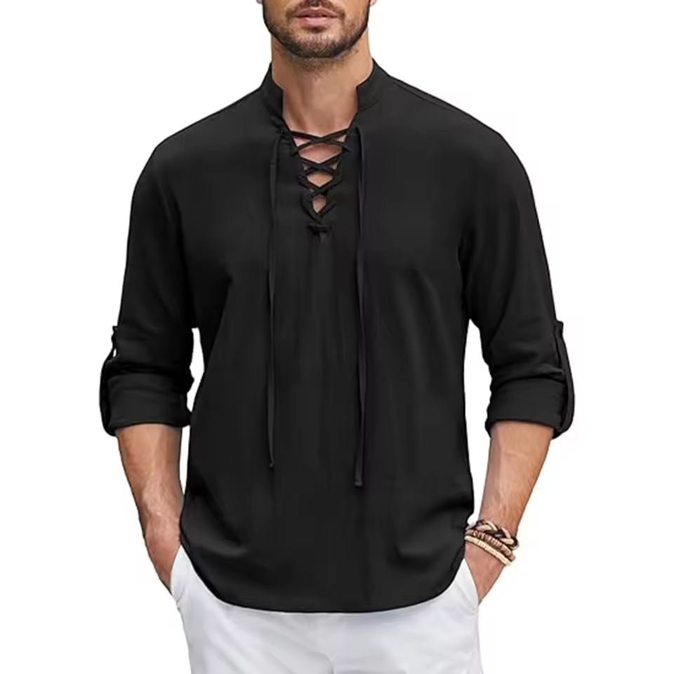 Mjlovers cotton linen shirt in white, featuring a relaxed fit with a classic collar and button closure, on a hanger.