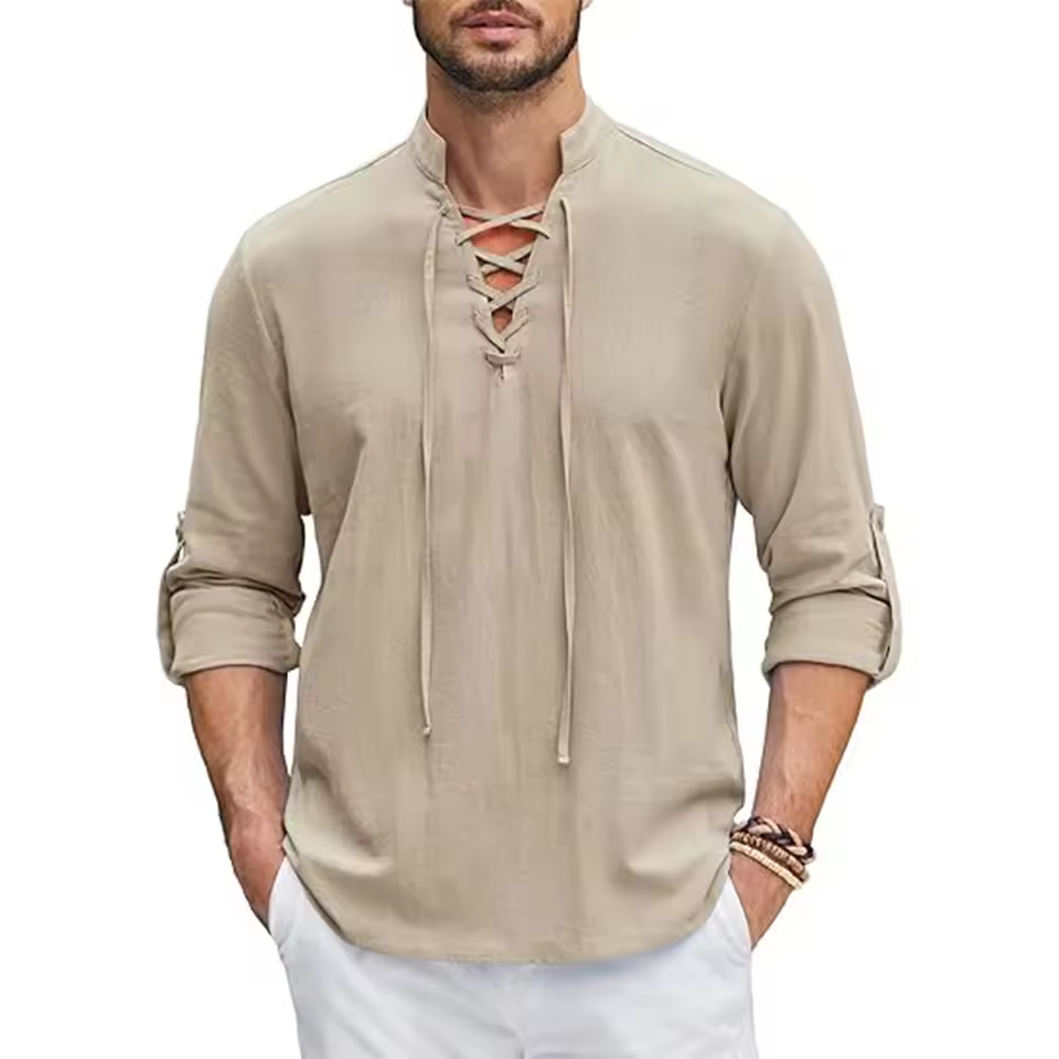 Mjlovers cotton linen shirt featuring a relaxed fit in light beige, displayed on a mannequin against a neutral background.