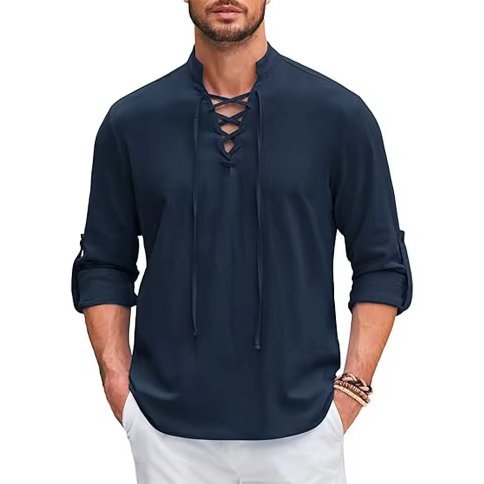 Mjlovers cotton linen shirt in light beige, casual fit with long sleeves and button front, displayed on a hanger.