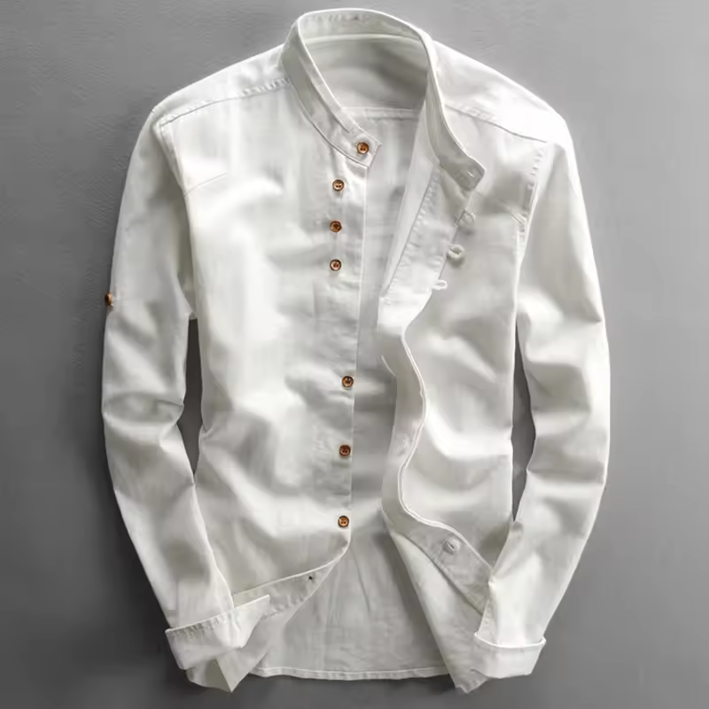Light beige Japan style men's linen shirt by mjlovers, with a relaxed fit and traditional collar, displayed on a white background.