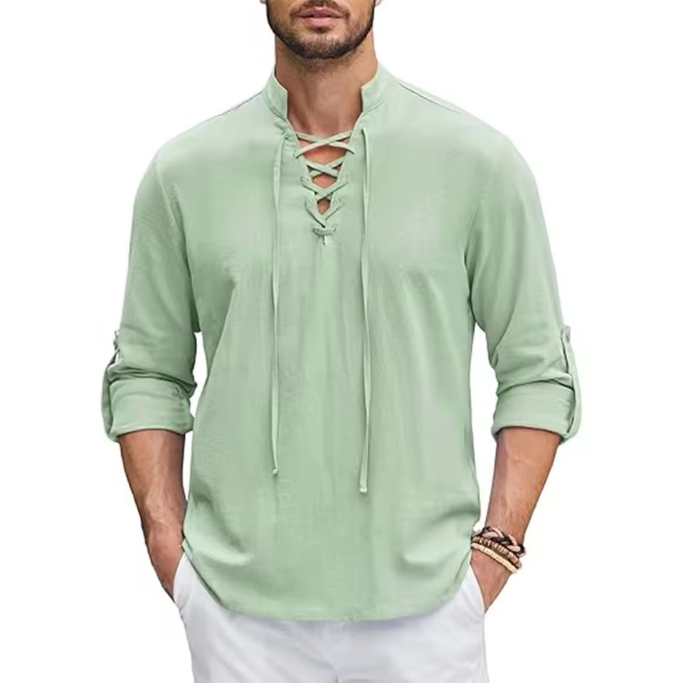 MJLovers cotton linen shirt featuring a relaxed fit, lightweight fabric, and stylish collar, displayed on a hanger.