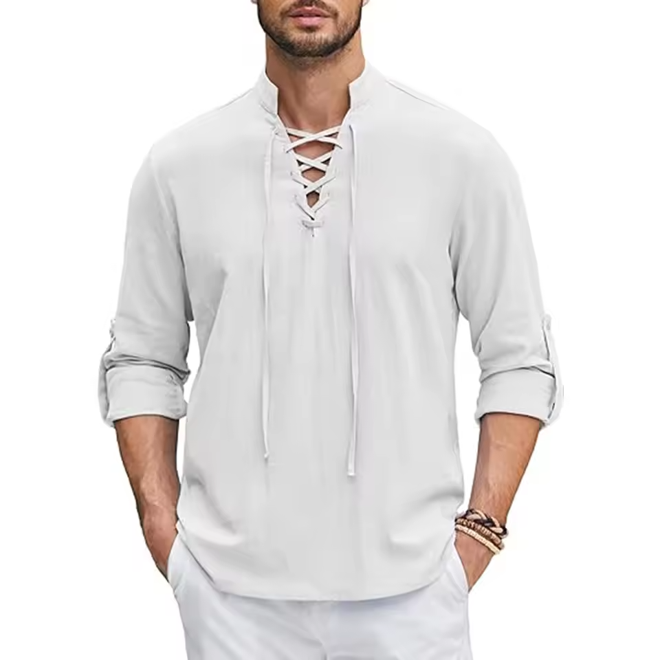 Mjlovers cotton linen shirt in light beige, featuring a relaxed fit and button-down front, casual summer style.