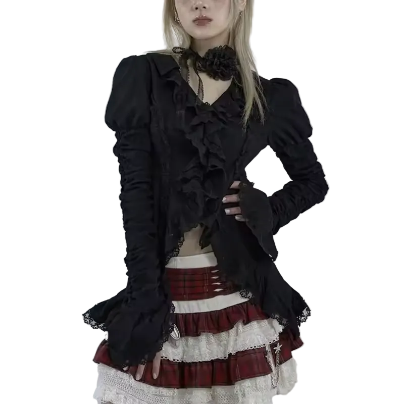 Black lace blouse for women by mjlovers, featuring delicate lace fabric and stylish design, shown on a model.