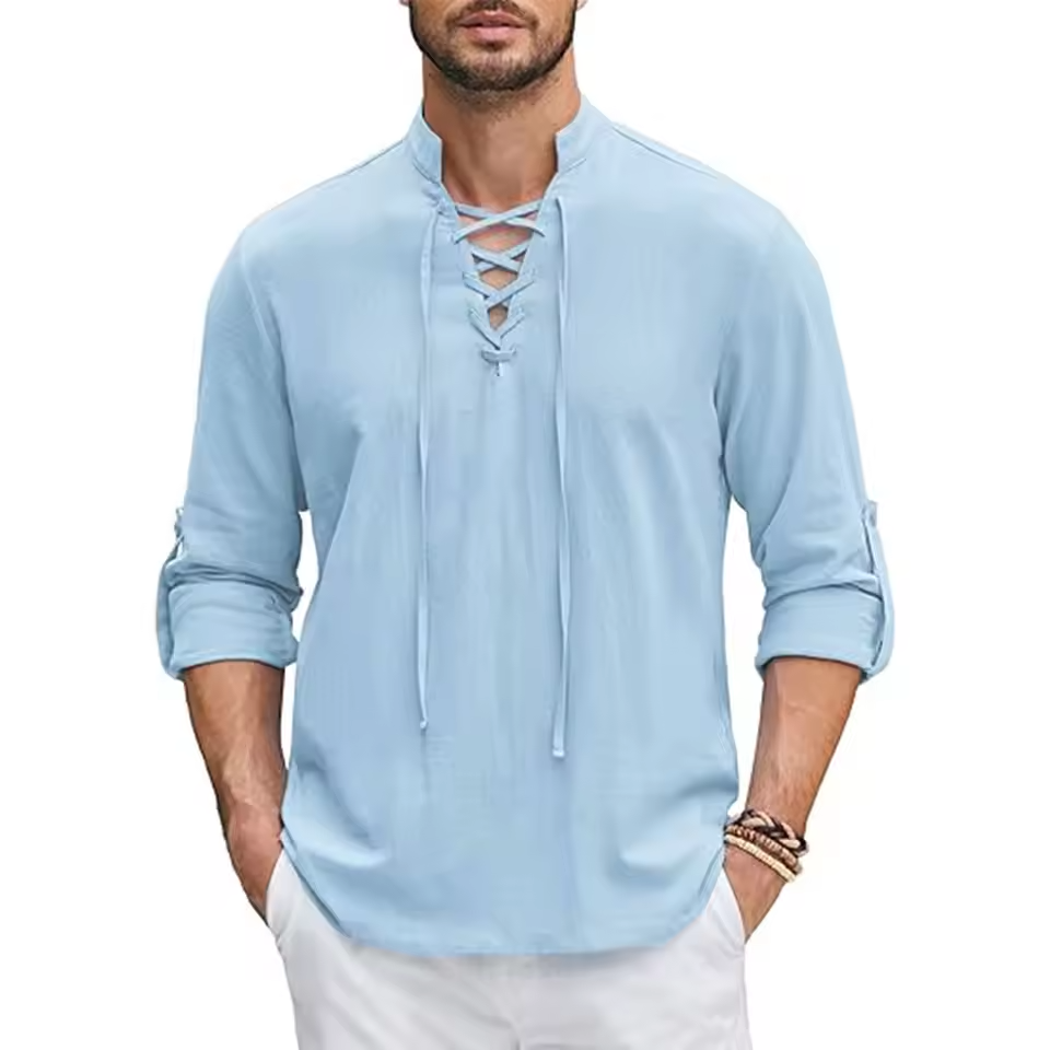 Mjlovers cotton linen shirt in light beige, casual fit, featuring a button-up front and long sleeves, displayed on a hanger.