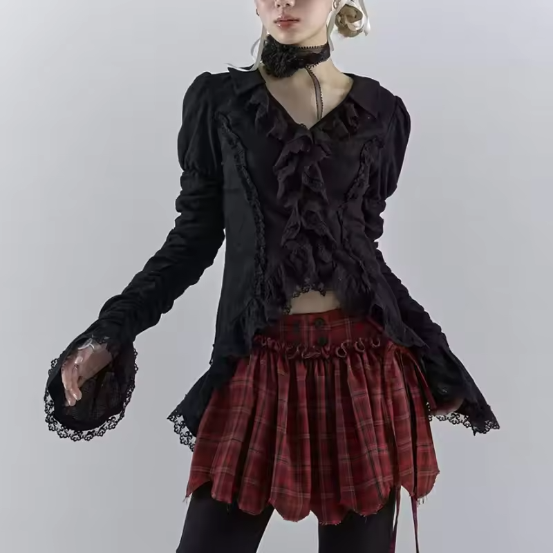 Black lace blouse for women by mjlovers, featuring intricate lace details and a stylish, fitted design.