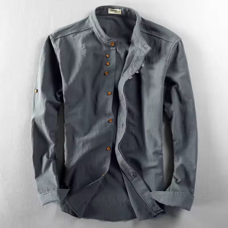 Japan style men's linen shirt by mjlovers, featuring a lightweight, casual design with traditional-inspired patterns and breathable fabric.