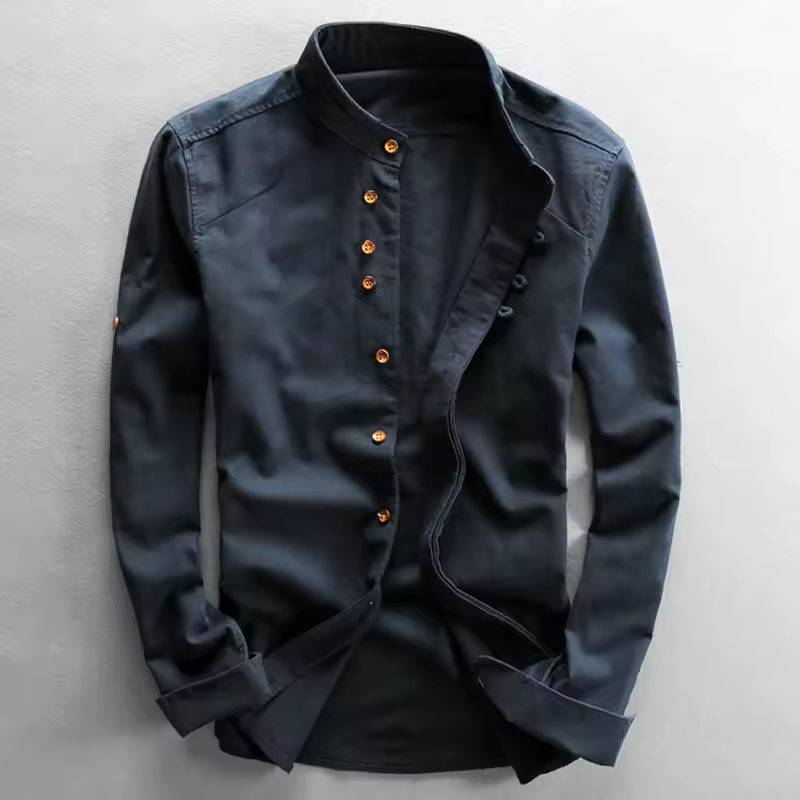 Japan style men's linen shirt by mjlovers displayed on a hanger, showcasing its lightweight fabric and traditional design.