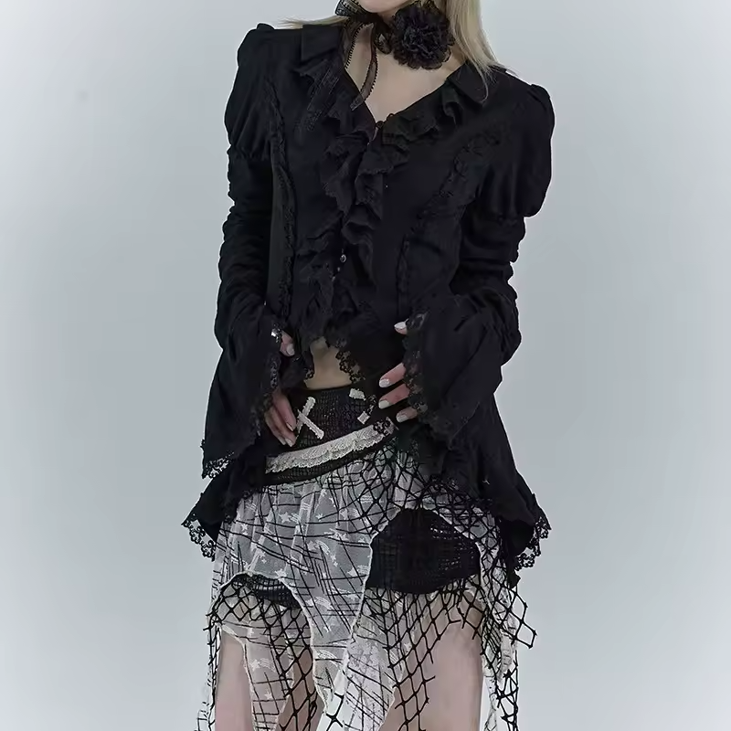 Black lace blouse for women by mjlovers, featuring intricate lace details and a stylish, feminine fit.