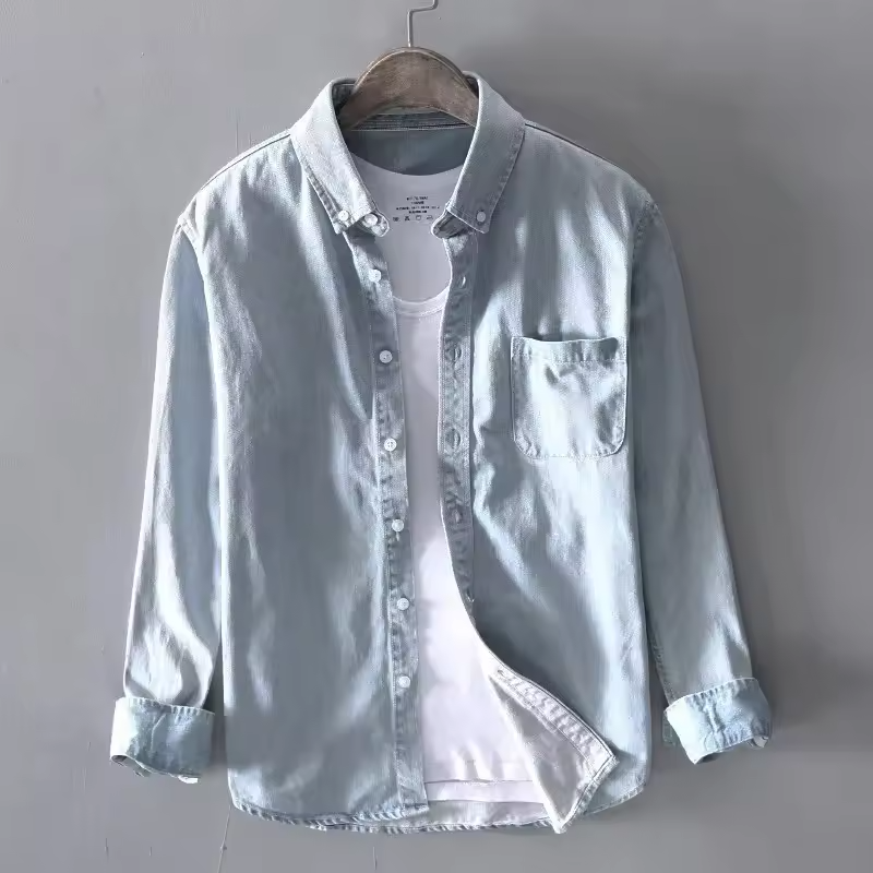Men’s premium denim button-down shirt by mjlovers, shown in a classic fit with front buttons and a collar, casual and stylish.