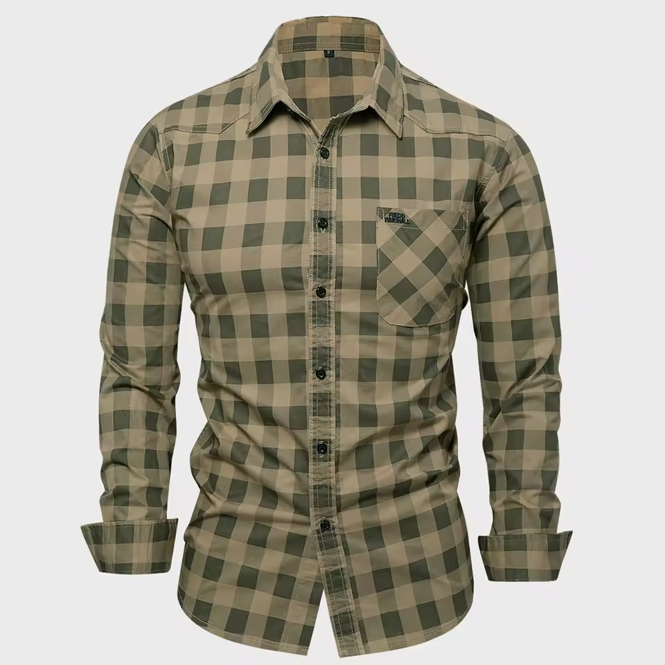 Men's long sleeve checked shirt by mjlovers, featuring a classic plaid pattern in blue and white.
