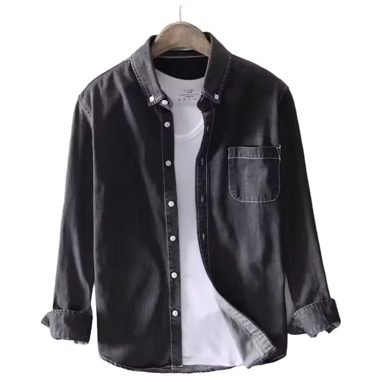 Men’s premium denim button-down shirt by mjlovers, featuring classic blue fabric and button-up front.