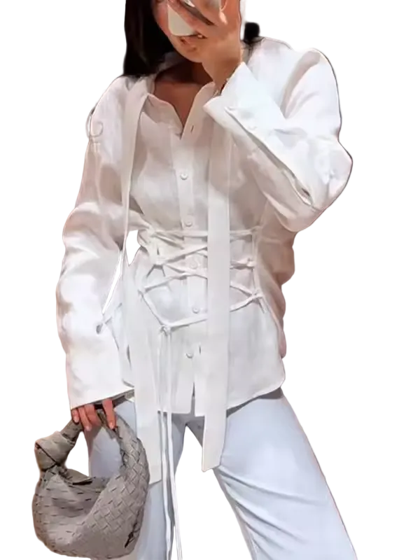 Autumn cotton tie belt for women blouse by mjlovers, featuring a stylish fabric belt on a light-colored blouse.