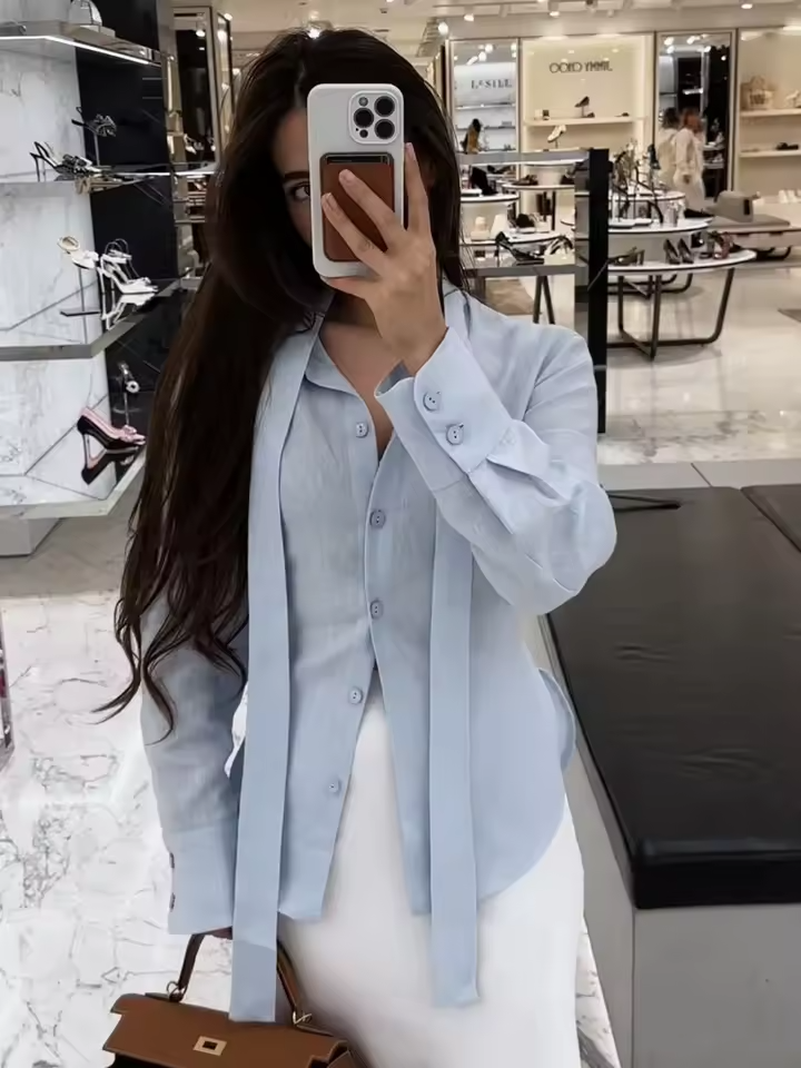Autumn cotton tie belt blouse for women by mjlovers, featuring a stylish design with a waist tie and breathable fabric.
