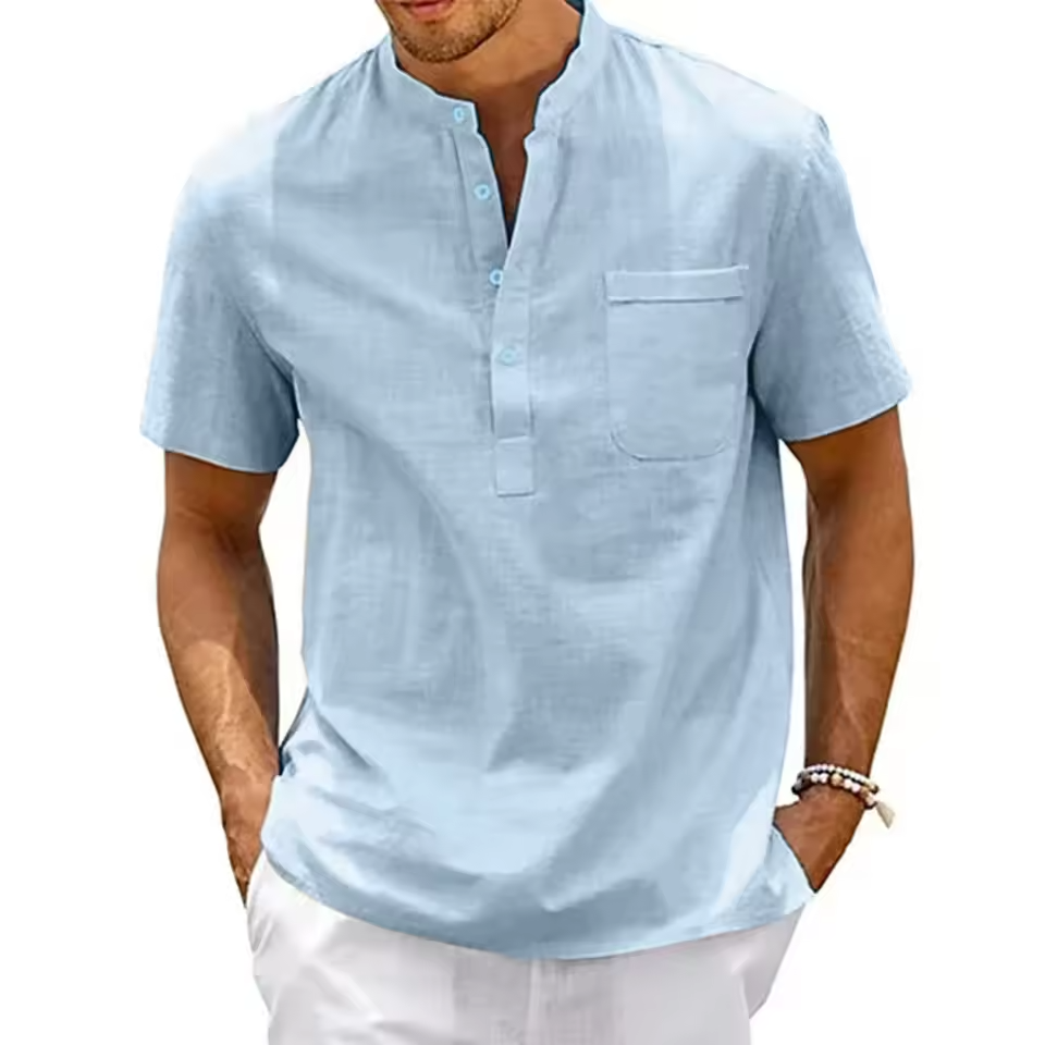 Men's pure linen shirt by mjlovers, light and breathable fabric with a classic collar and button closure, displayed on a hanger.