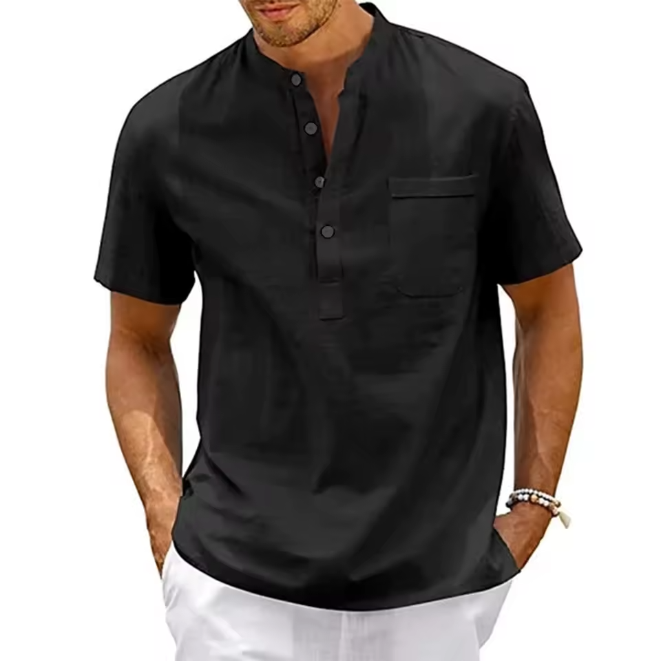 Men's pure linen shirt by mjlovers, light and breathable fabric, shown in a relaxed fit with a classic collar and button front.