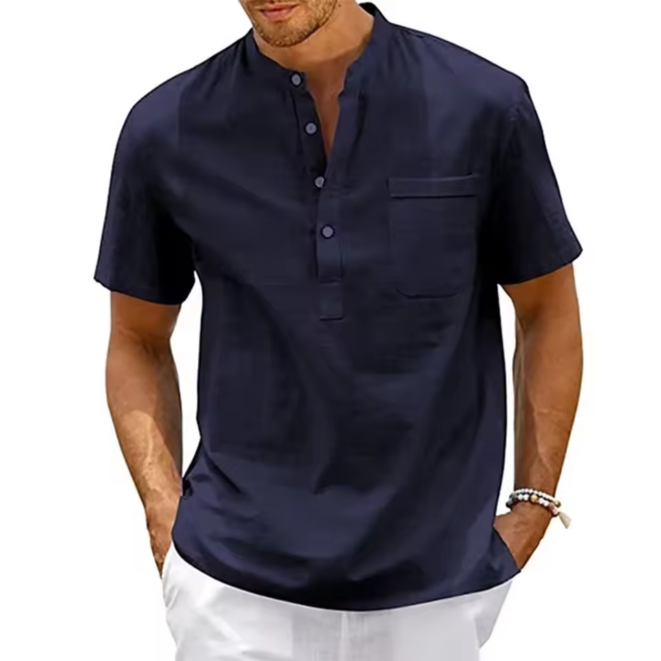 Men's pure linen shirt by mjlovers, shown in white with a classic collar and short sleeves, displayed on a hanger.