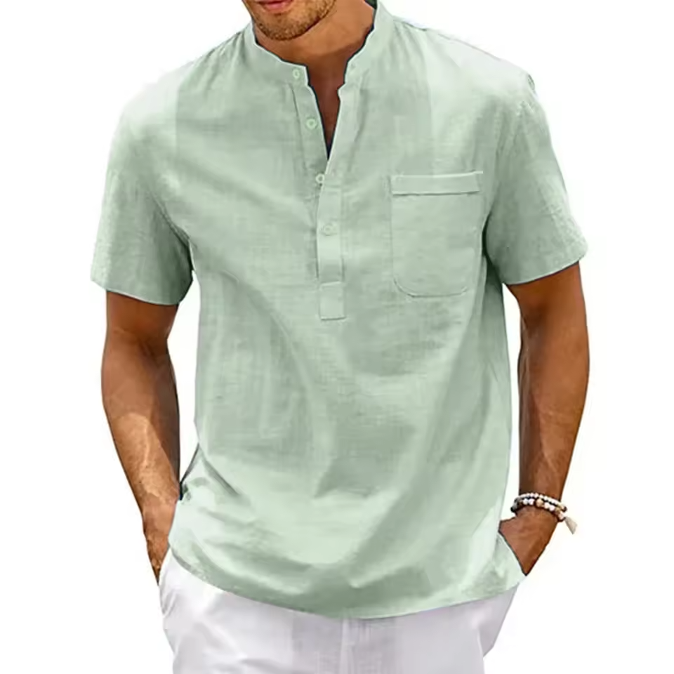 Men's pure linen shirt by mjlovers, shown in light breathable fabric with a classic collar and button-front design.