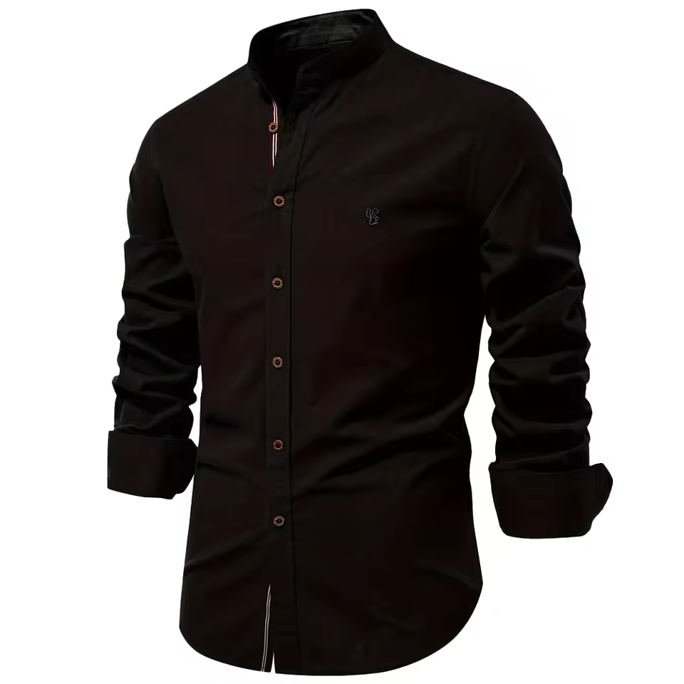 Mjlovers long sleeve shirt in soft fabric, featuring a classic fit with a button-up front and collar, worn by a person.
