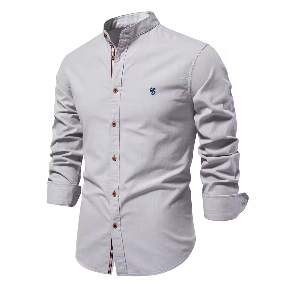 Mjlovers long sleeve shirt in soft fabric, featuring a classic fit with a round neckline and subtle detailing, shown on a model.