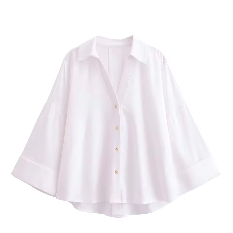 Mjlovers trendy women's wide sleeve commute shirt featuring a stylish, relaxed fit with long, flowing sleeves and a comfortable collar.